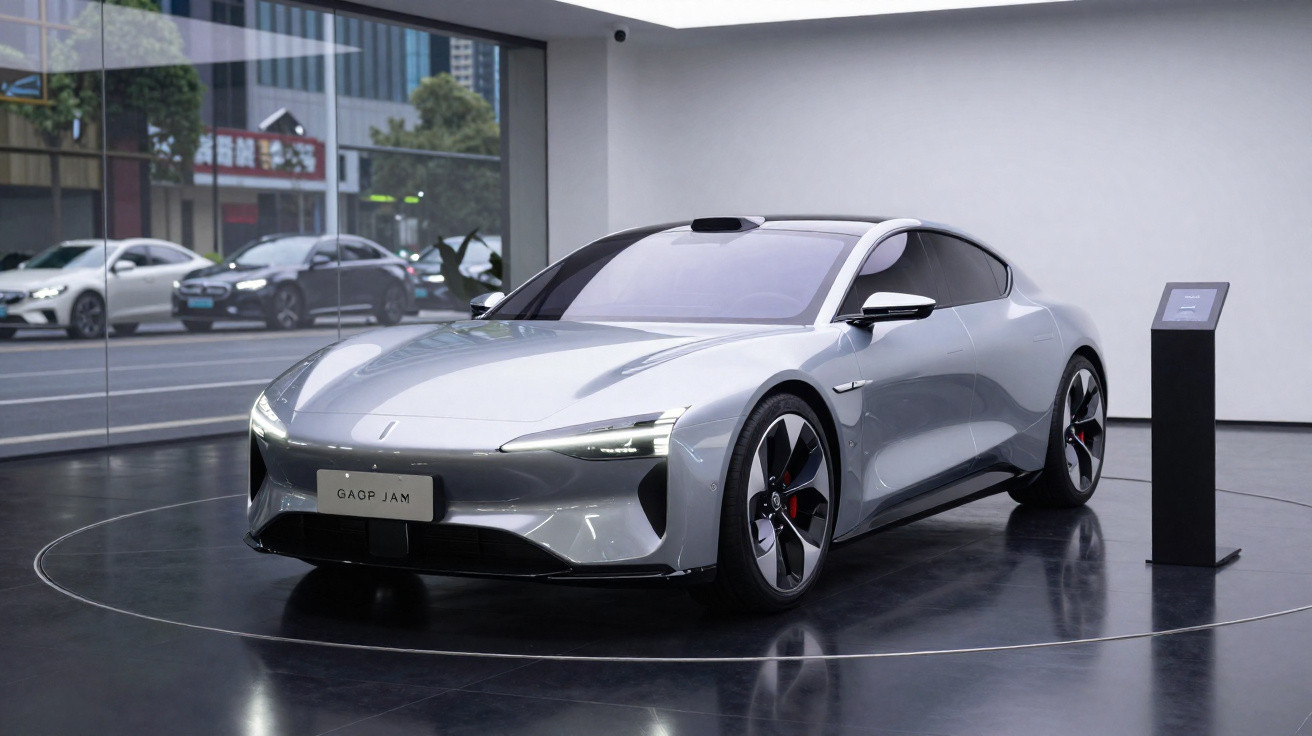 Carro elétrico esportivo prata exibido em showroom moderno com grandes janelas e informações ao lado.