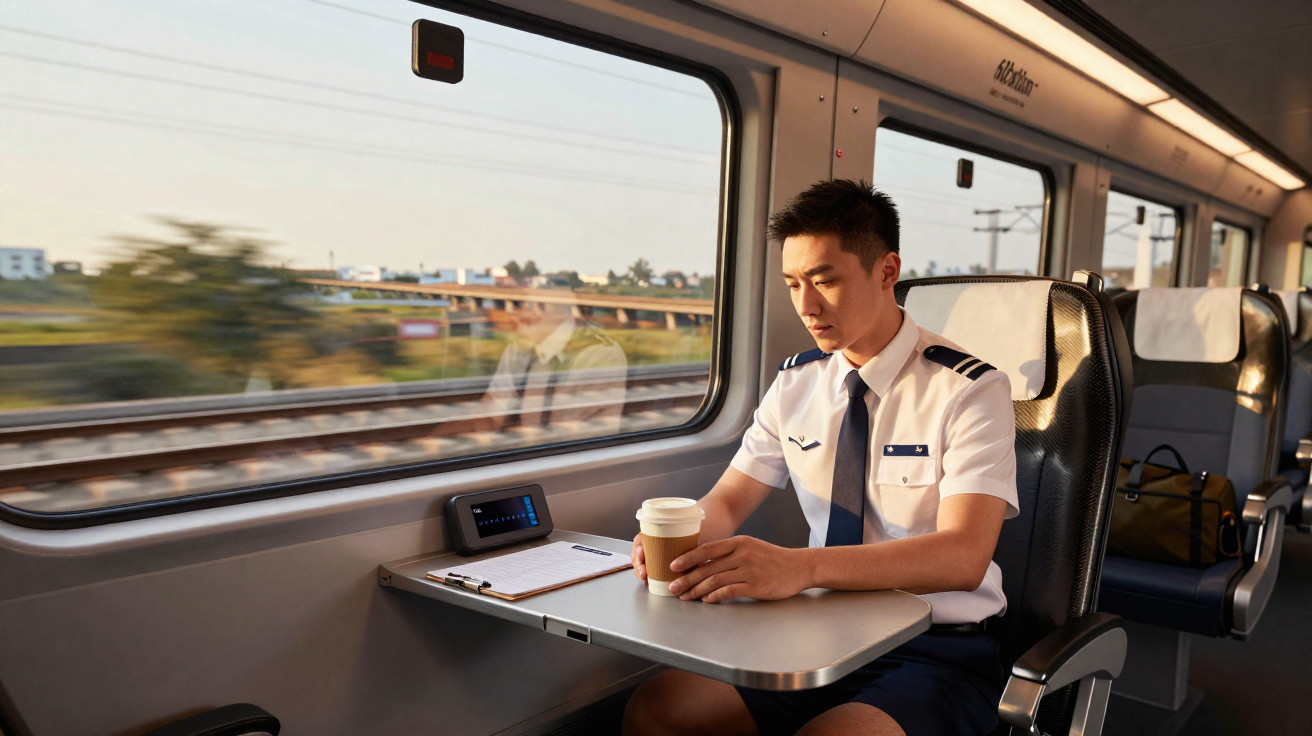 Jovem uniforme sentado em trem, segurando copo de café e olhando documentos na mesa ao lado da janela.