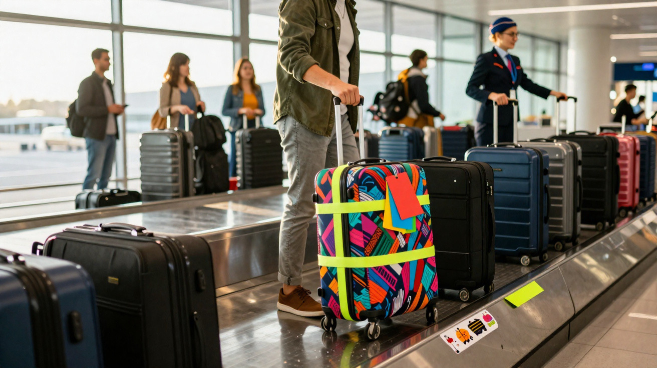 Pessoas aguardando e recolhendo bagagens em esteira de aeroporto, com malas coloridas e pretas visíveis.
