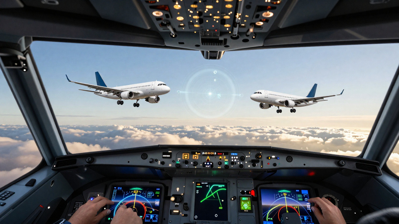 Cabine de pilotagem com dois pilotos e dois aviões se aproximando no céu com nuvens ao fundo.