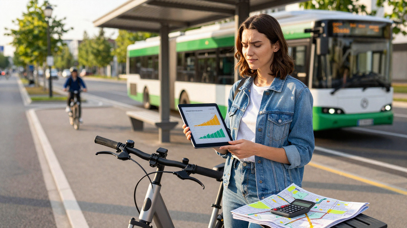 Mulher com bicicleta segura tablet com gráficos em ponto de ônibus com ônibus ao fundo.