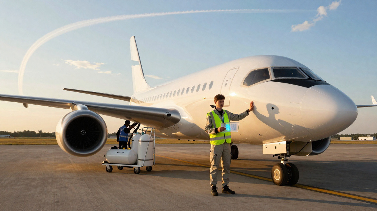 Avião branco estacionado no aeroporto com profissionais de segurança e manutenção ao redor ao entardecer.