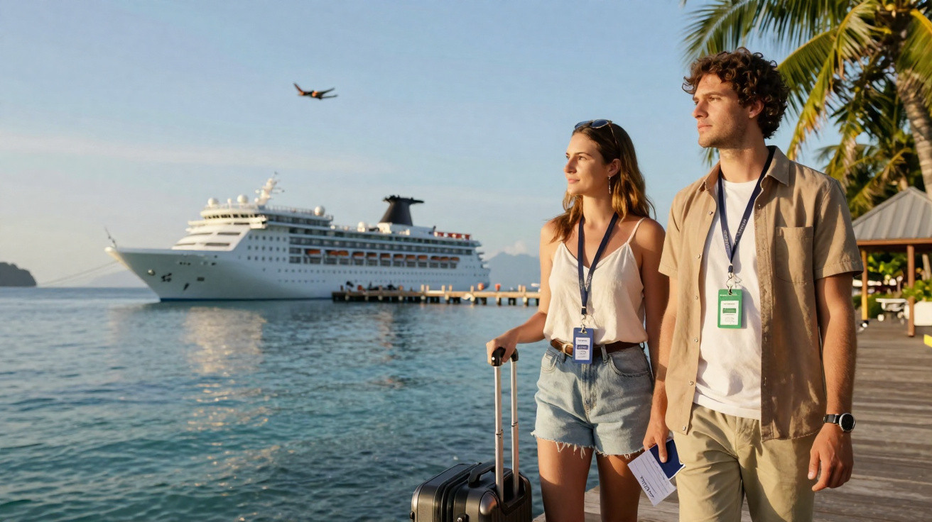 Casal jovem com malas na beira do mar, navio de cruzeiro ao fundo e avião no céu claro.