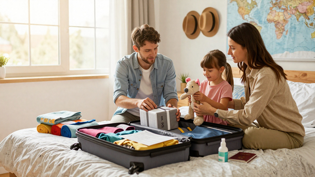Família empacotando mala para viagem em quarto com mapa e janela iluminada ao fundo.