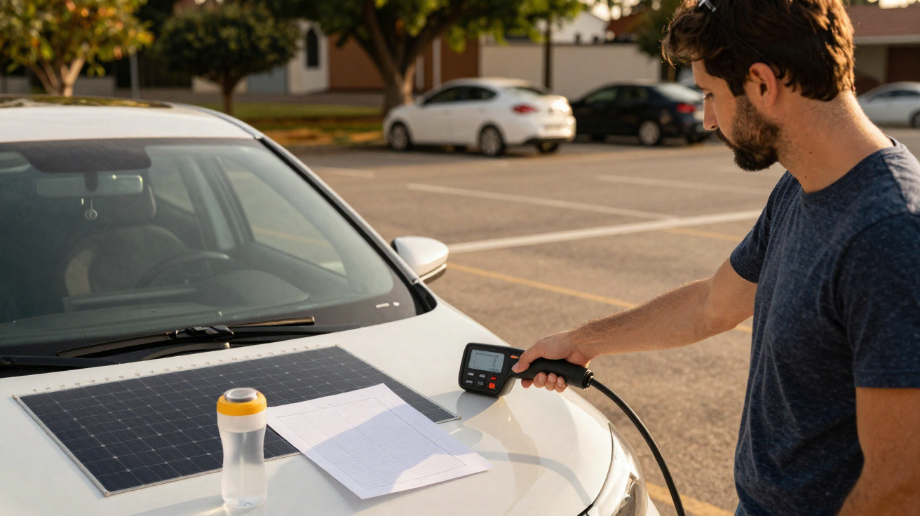 Homem carregando carro elétrico branco com painel solar no capô em estacionamento ao ar livre.