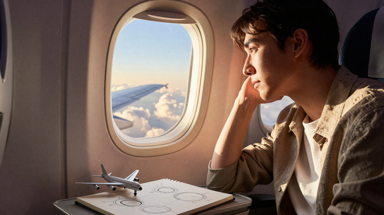 Homem observando pela janela do avião com modelo de avião e desenhos no apoio de braço.