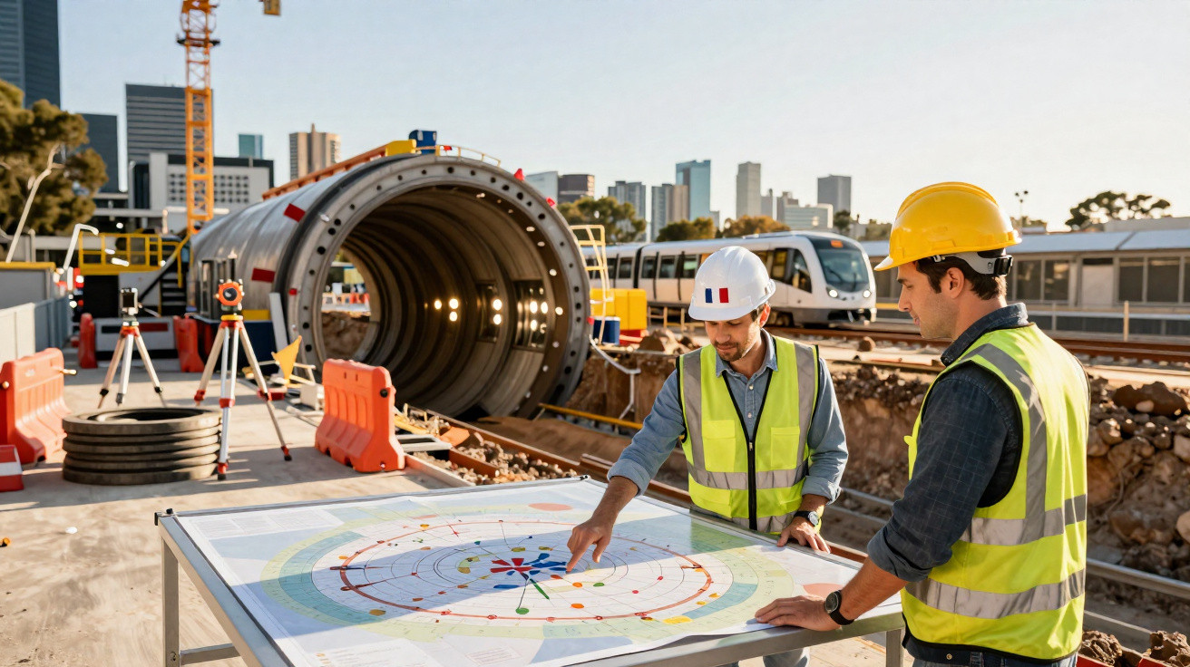 Dois engenheiros com colete e capacete analisam planta em obra de construção ferroviária com túnel e trem ao fundo.