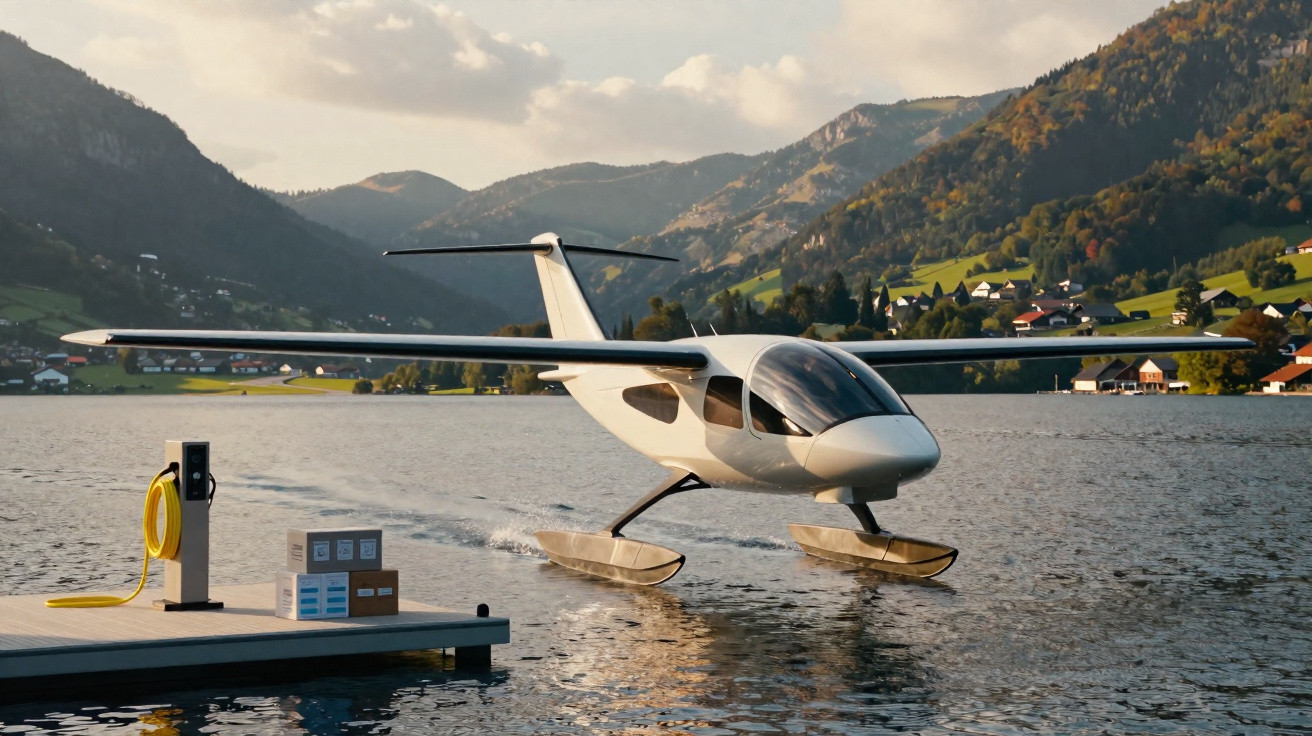 Avião hidroavião branco pousando em lago cercado por montanhas e casas ao fundo.