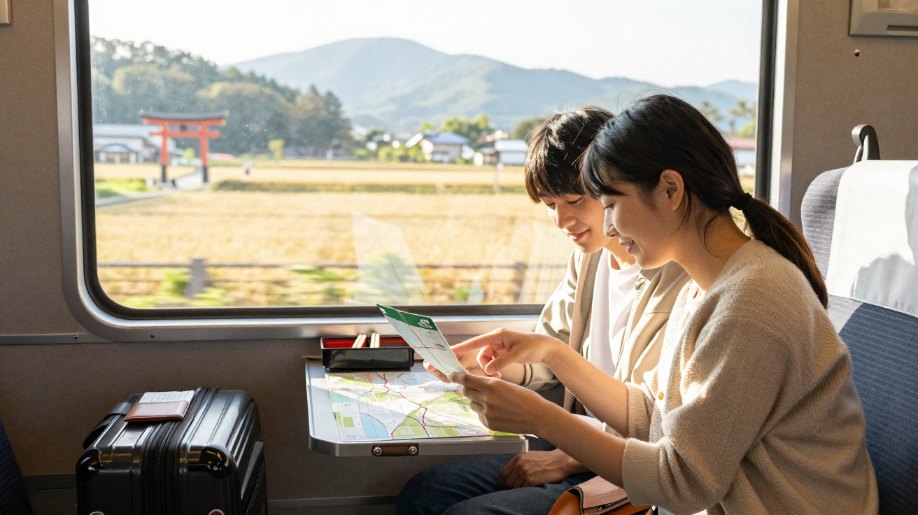 Duas pessoas sorrindo e olhando mapa dentro de trem com paisagem de campo e montanha ao fundo.