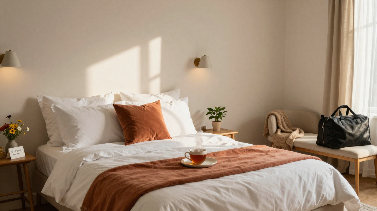 Quarto com cama arrumada, almofadas, manta marrom, xícara de chá, plantas e bolsa preta sobre banco.