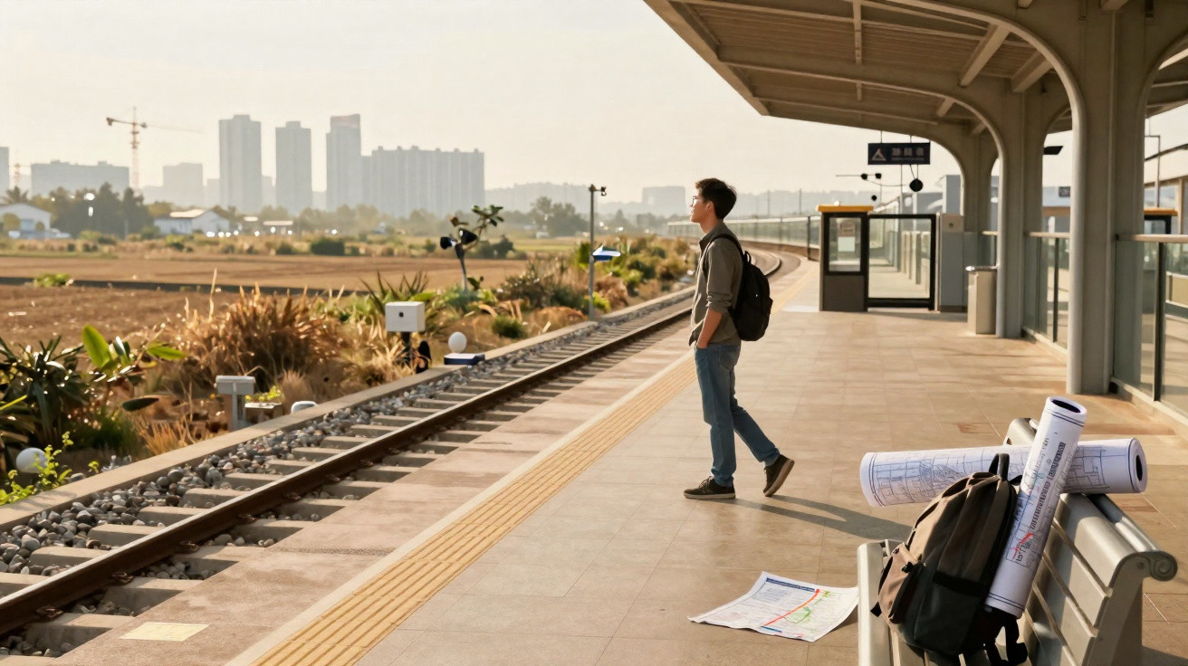 Homem jovem com mochila esperando trem em estação com plantas e prédios ao fundo.