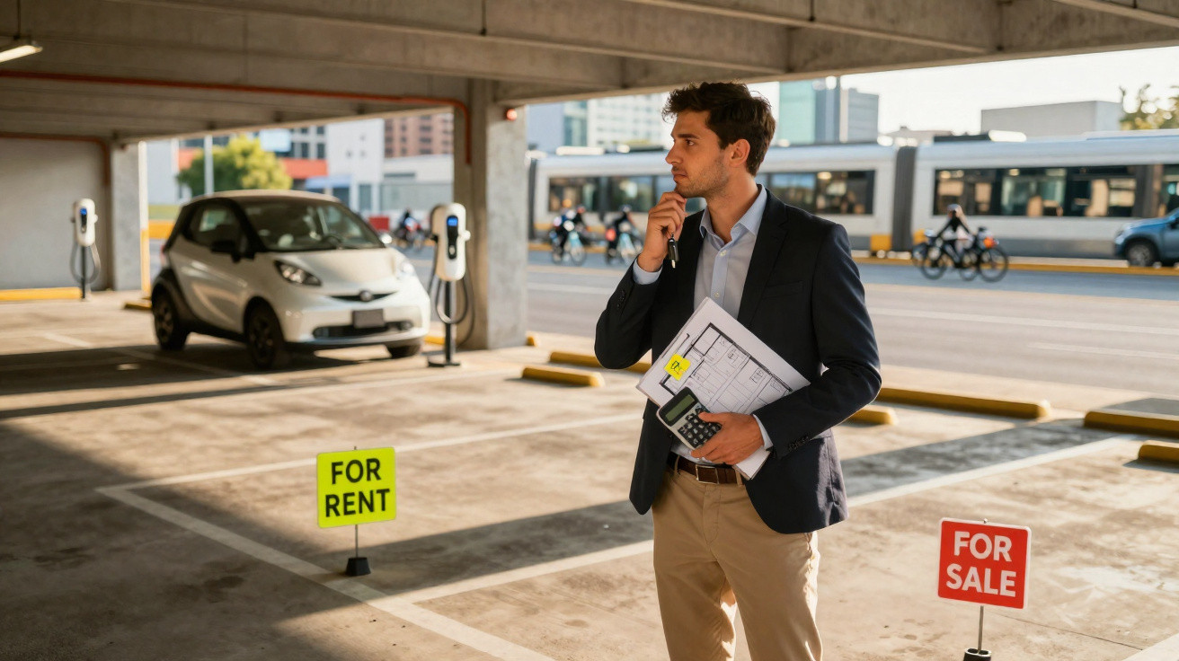 Homem de negócios em estacionamento com placas de aluguel e venda, segurando planta e calculadora.