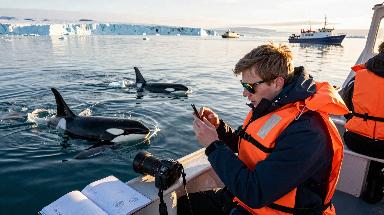 Pesquisador em colete laranja fotografa orcas perto de barco e geleira em mar calmo.
