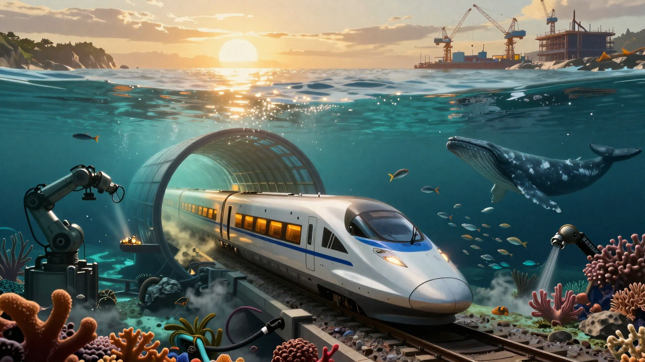Trem bala saindo de túnel subaquático com recife de corais, robôs e baleia ao pôr do sol.