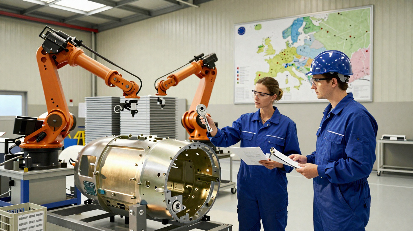 Dois engenheiros em macacões azuis inspecionam peça metálica perto de robôs industriais em laboratório.