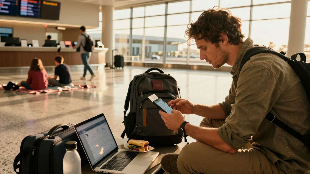 Homem sentado em aeroporto usando celular, com mochila, laptop aberto e lanche na mesa à frente.