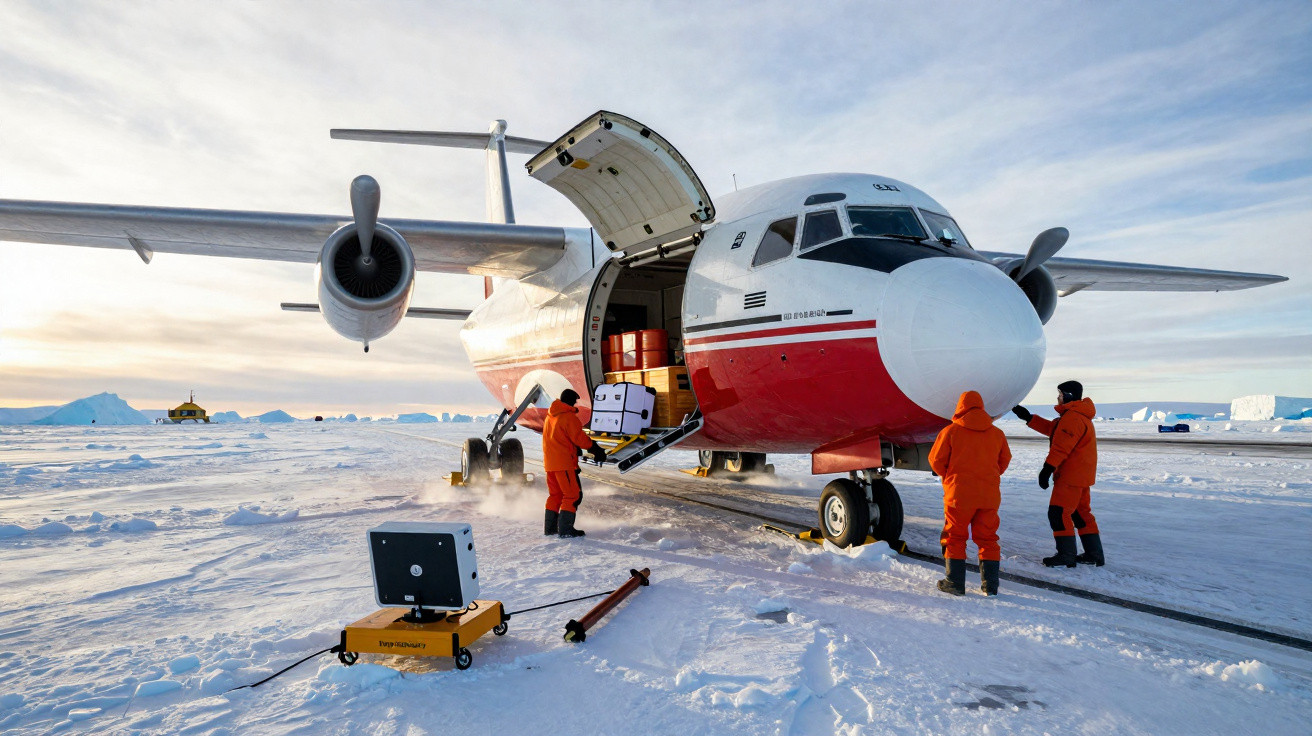 Avião de carga sendo descarregado por pessoas com roupas laranjas em ambiente nevado e gelado.