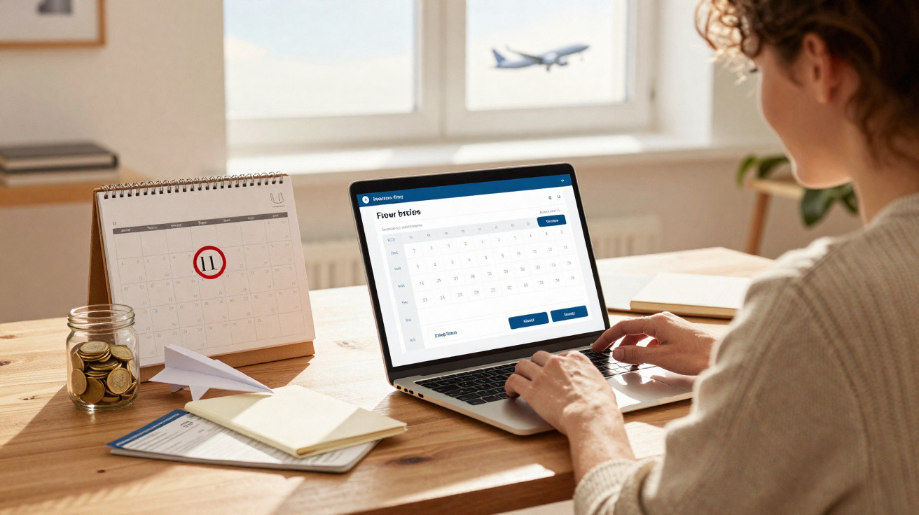 Pessoa usando laptop para agendar voo, com calendário, moedas e avião de papel sobre mesa próxima a janela com avião no céu.