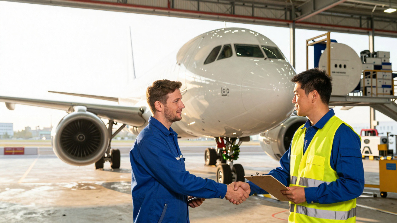 Dois técnicos apertando mãos na frente de um avião em hangar de manutenção.
