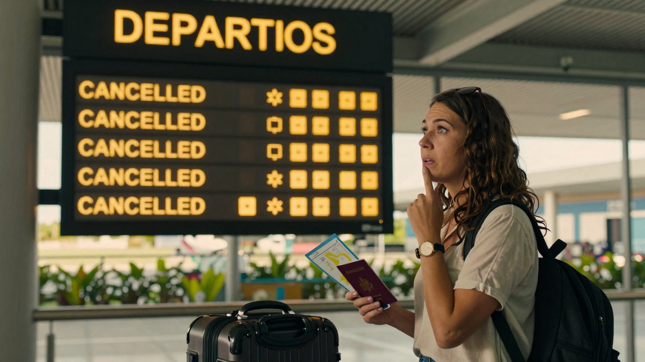 Mulher surpresa no aeroporto olhando quadro de partidas com voos cancelados e porte de malas ao lado.