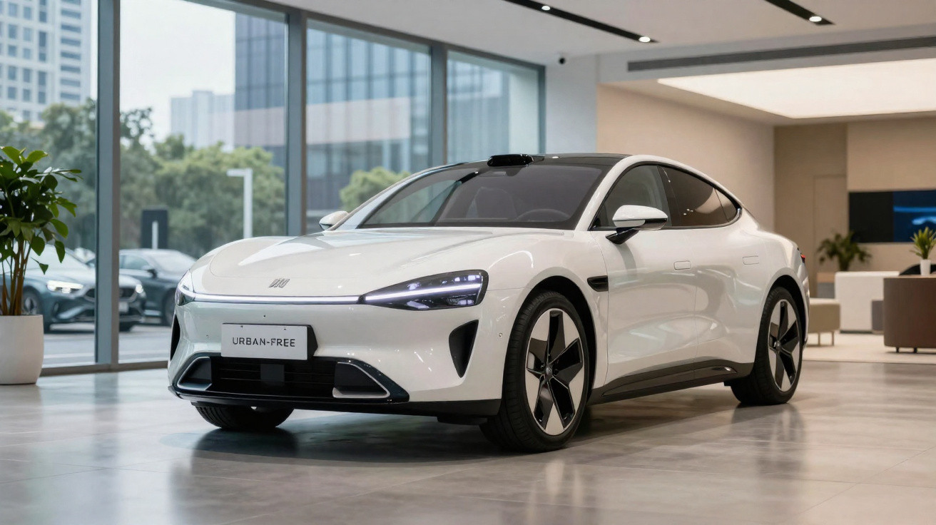 Carro elétrico branco moderno estacionado em showroom com janelas de vidro e piso cinza.