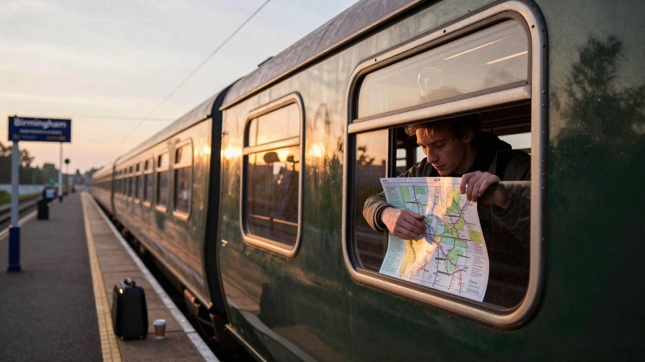 Homem olhando mapa na janela de trem parado na estação de Birmingham ao entardecer.