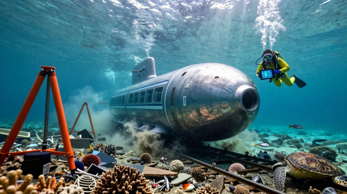 Submarino futurista no fundo do mar com mergulhador amarelo e vida marinha ao redor.
