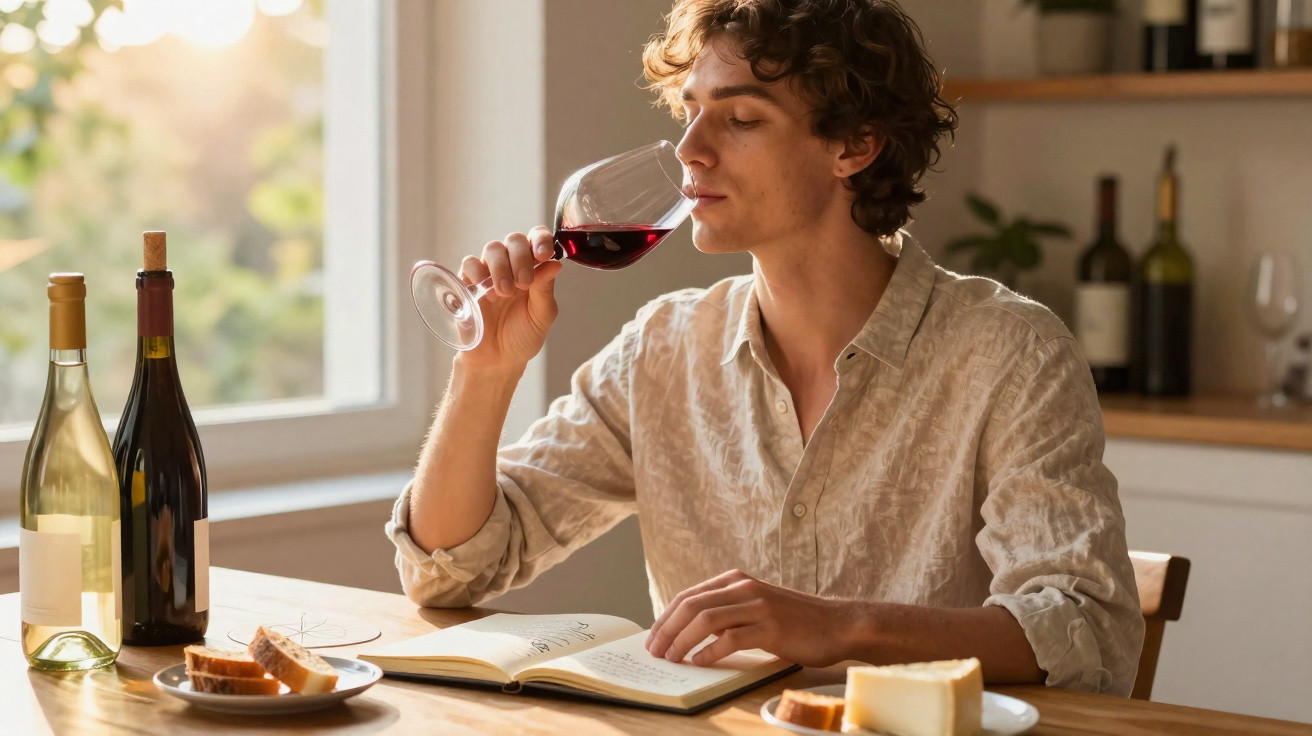 Jovem aprecia vinho tinto em taça sentado à mesa com pão, queijo e livro aberto em ambiente iluminado.