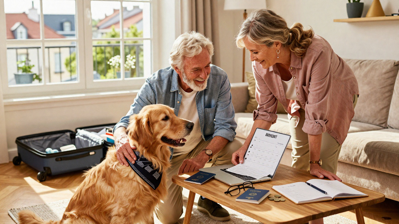Casal sênior planejando viagem em casa com cachorro e documentos sobre mesa de madeira.