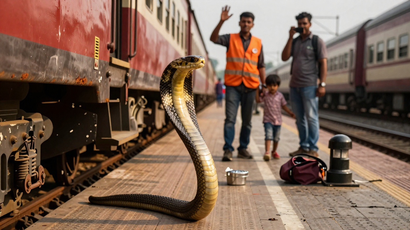 Cobra-coral erguida na plataforma de estação de trem com três pessoas ao fundo observando.