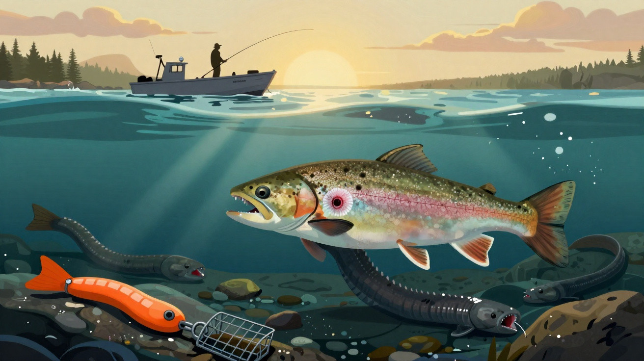 Ilustração de peixe grande sendo fisgado por um pescador em barco, com peixes pequenos e isca no fundo do lago.