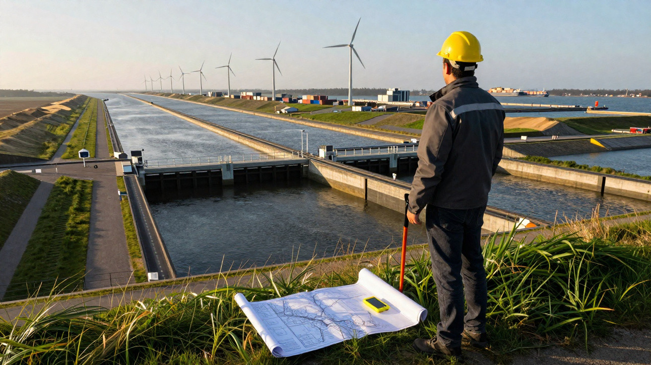 Engenheiro de segurança com capacete observa canal de água e turbinas eólicas em área industrial.