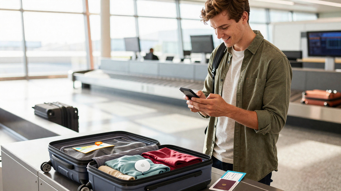 Homem com mochila arruma mala aberta e sorri enquanto usa celular em balcão de aeroporto moderno e iluminado.