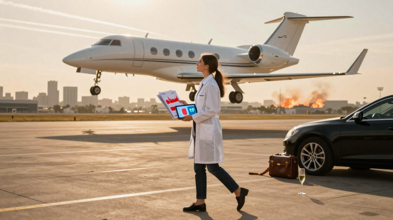 Mulher com jaleco branco e tablet caminhando perto de jatinho pousando em aeroporto ao pôr do sol.