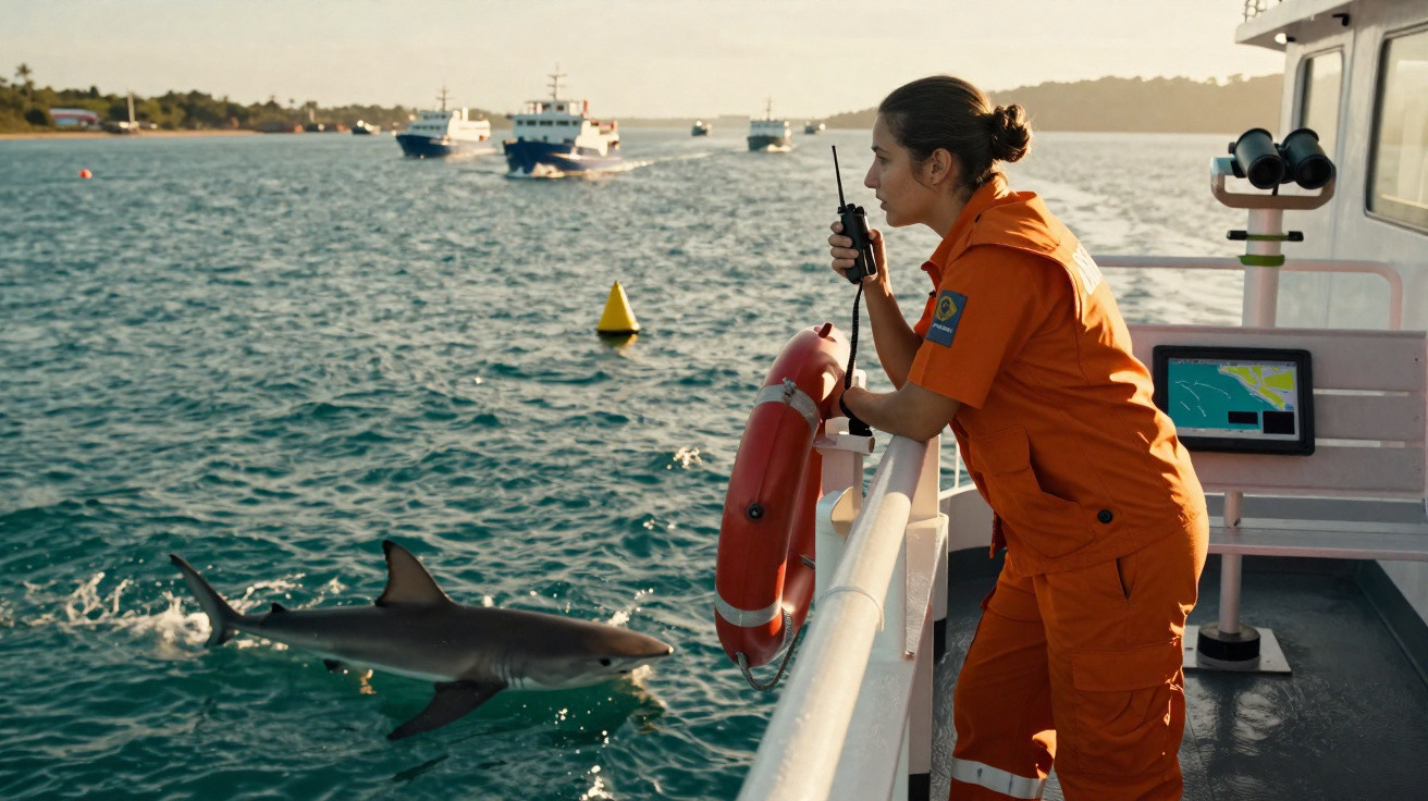 Mulher com uniforme laranja usando rádio em barco perto de tubarão nadando no mar.