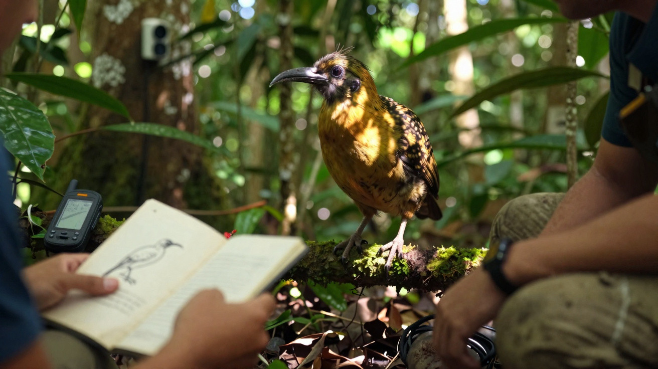 Pássaro amarelo-marrom empoleirado em galho com pessoas ao redor em floresta densa.