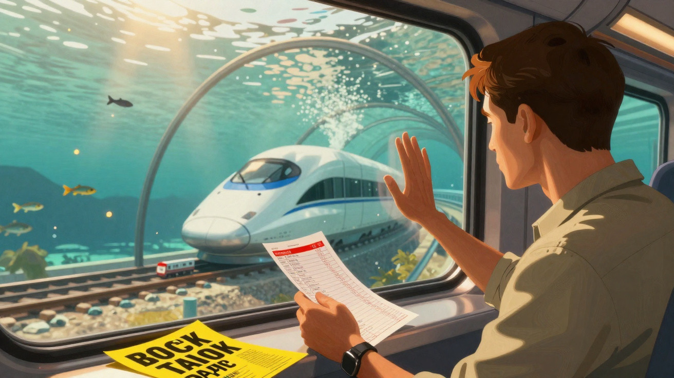 Homem dentro de trem observa outro trem passando por túnel subaquático com peixes ao redor.
