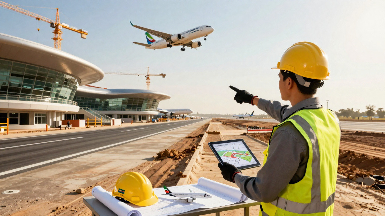 Engenheiro em colete e capacete observa avião pousando em aeroporto em construção com plantas na mesa.