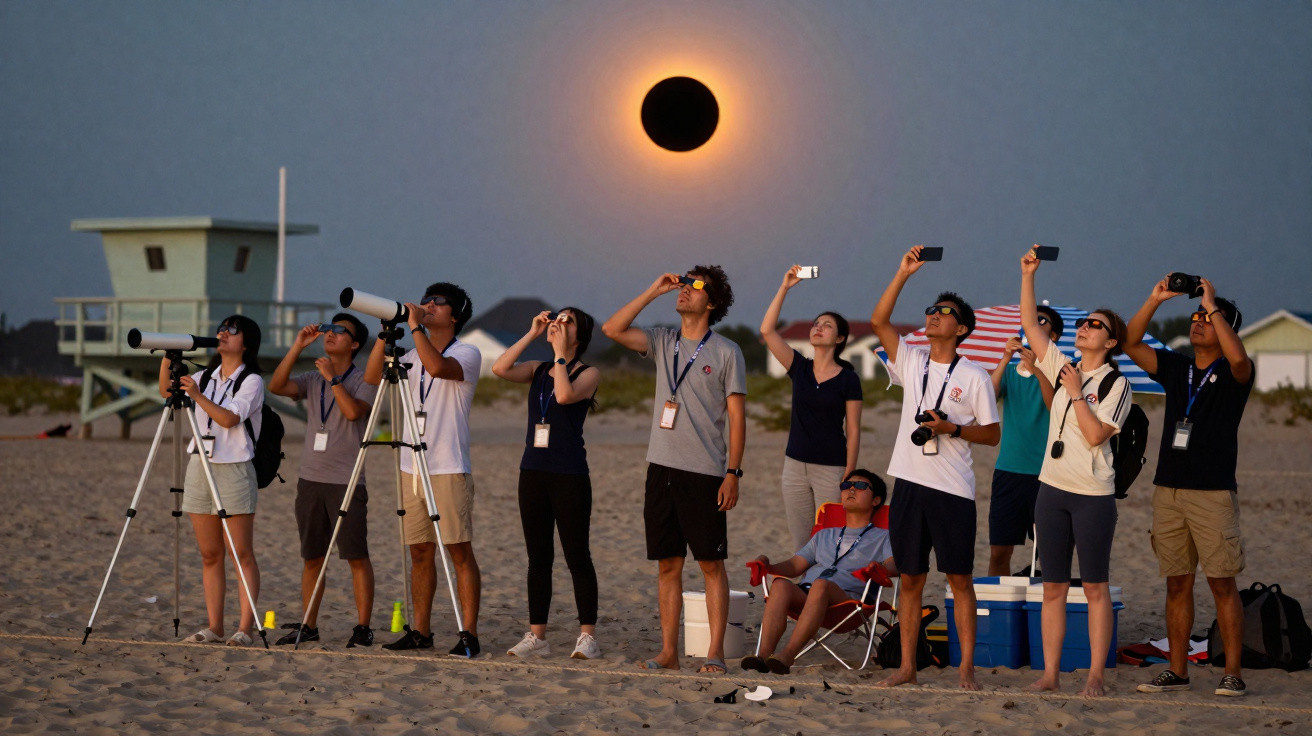 Grupo de pessoas na praia observando eclipse solar com óculos especiais e telescópios ao entardecer.
