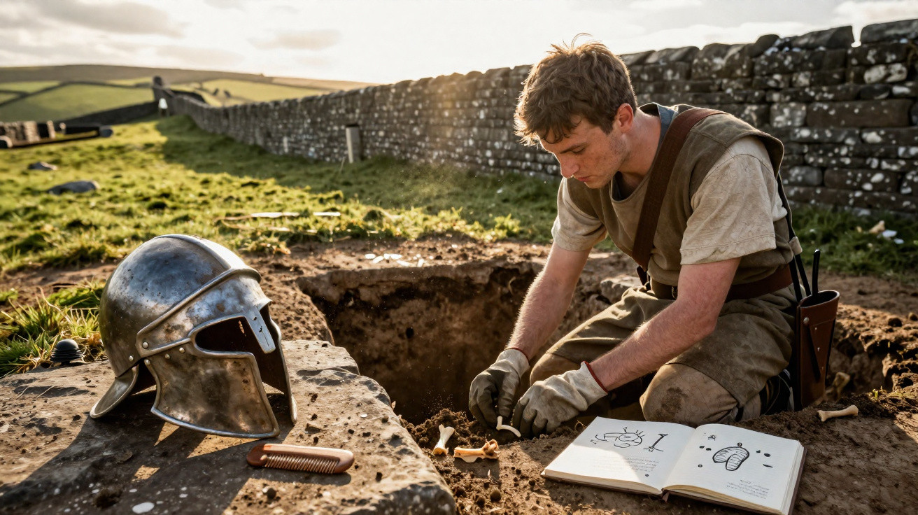 Jovem arqueólogo escava ossos em sítio arqueológico aberto, com capacete medieval e caderno ao lado.