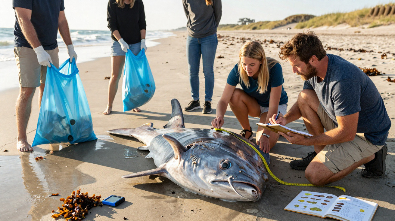 Equipe de cientistas mede e registra dados de um peixe gigante encalhado na praia durante estudo marinho.