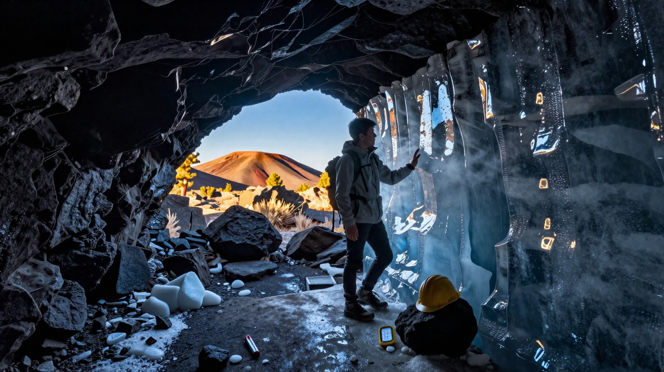 Pessoa dentro de caverna com paredes de gelo, iluminada, com montanha e vegetação ao fundo.