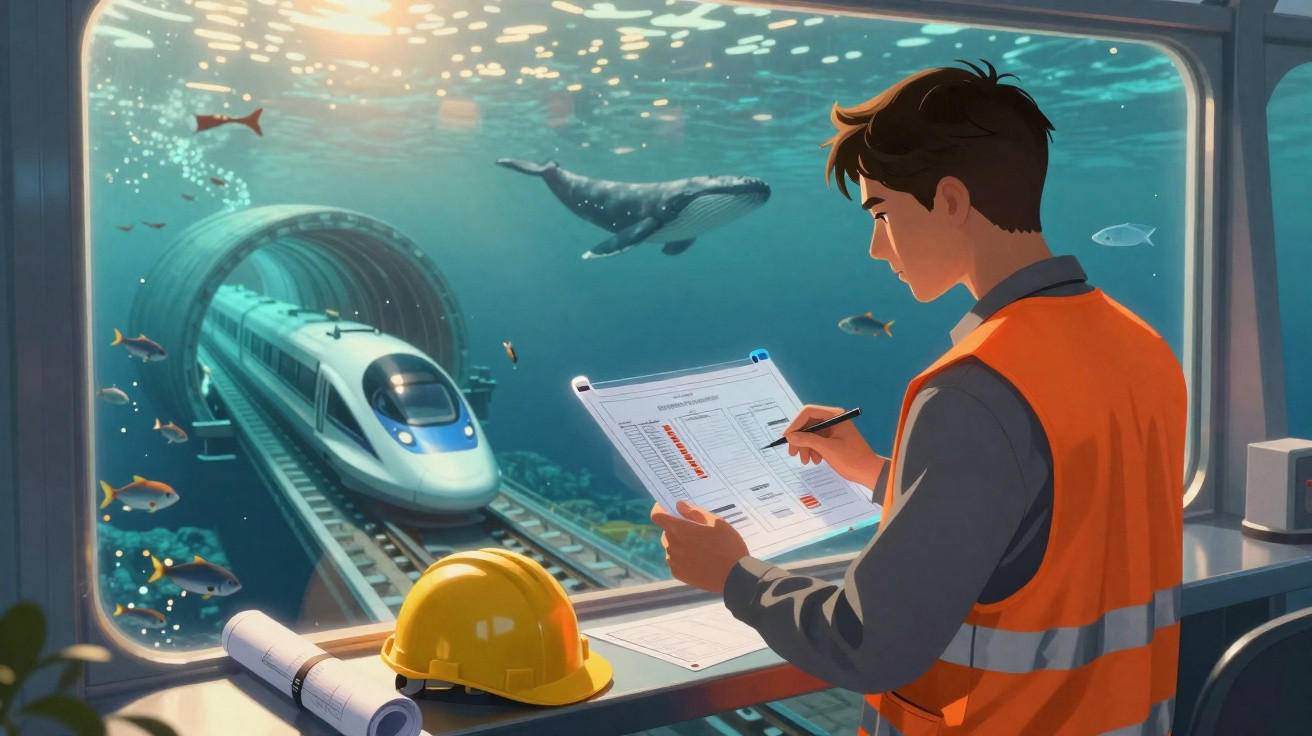 Homem com colete laranja analisando planilha em sala com vista para trem submarino, peixes e baleia.