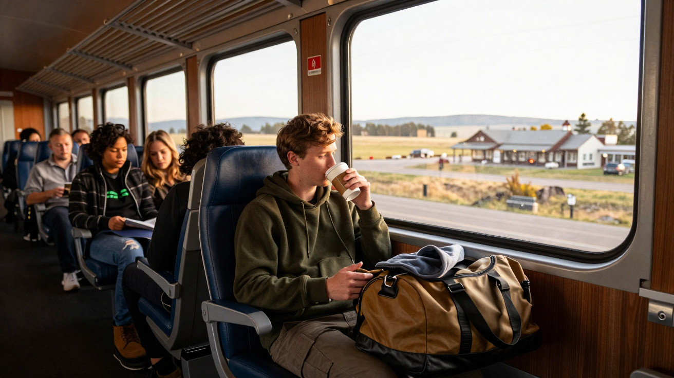 Jovem tomando café e olhando pela janela em um trem, com outras pessoas sentadas na mesma cabine.