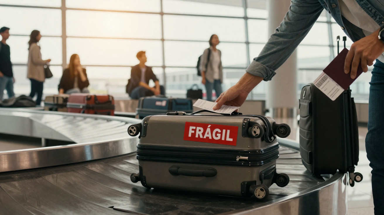 Pessoa retirando uma mala com etiqueta "frágil" em esteira de aeroporto, com outras pessoas ao fundo.