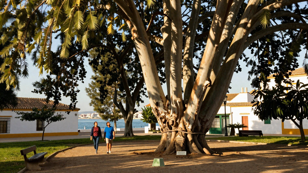 Parque com árvore grande protegida por corda, pessoas caminhando, casas brancas e vista para o mar ao fundo.