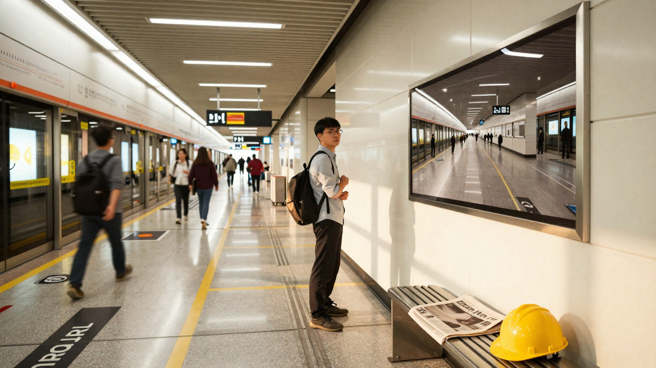 Homem de mochila observa quadro em corredor de estação de metrô com passageiros e trem ao fundo.