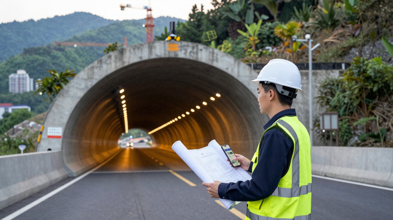 Engenheiro de segurança com capacete e colete reflete sobre projeto em túnel rodoviário iluminado durante o dia.
