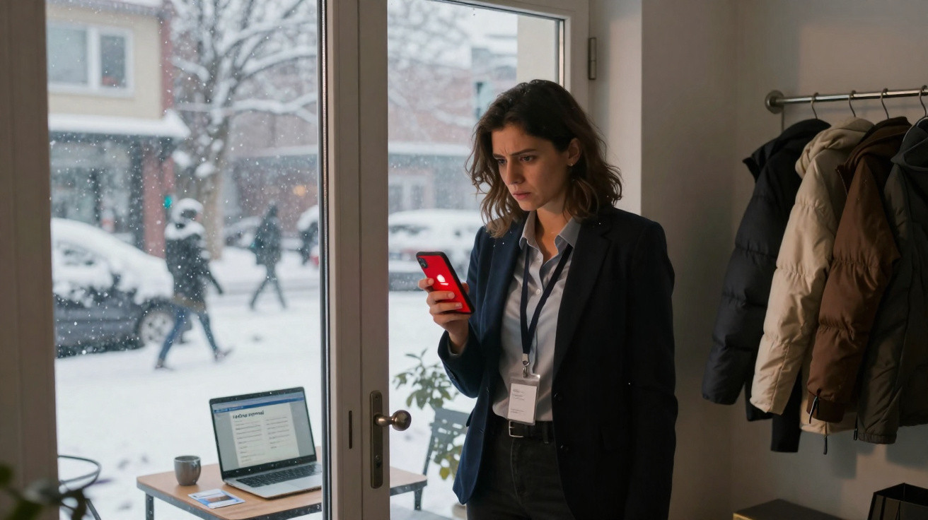 Mulher de casaco olhando séria para celular ao lado de porta com neve e pessoas do lado de fora.
