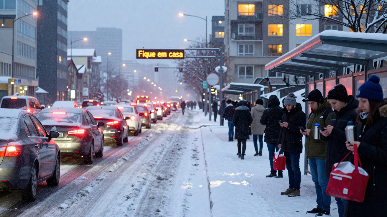 Rua movimentada com carros na neve e pessoas esperando no ponto de ônibus sob aviso luminoso "Fique em casa"